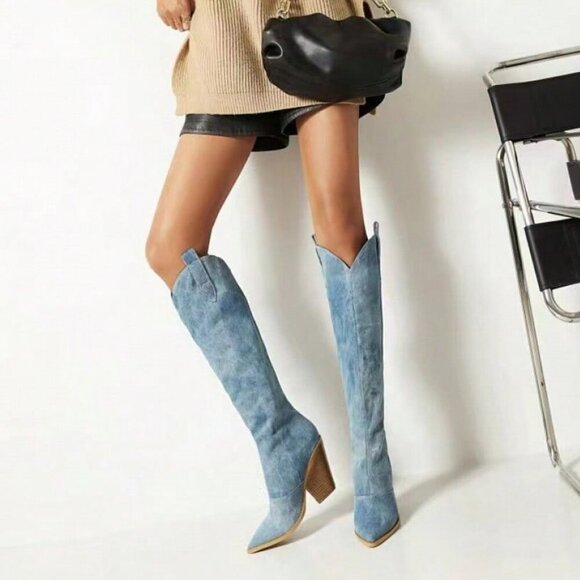 Light Blue Bohemian Women's Sexy Split-Leg Pointed-Toe Cowboy Boots - Picture 3 of 4